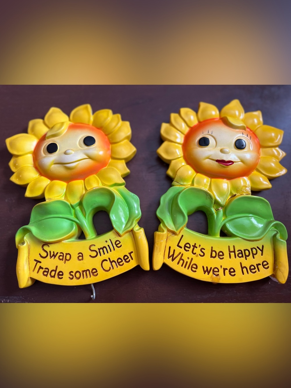 Sunflower Wall Plaque Pair - Yellow & Green Decorative Anthropomorphic *READ*
